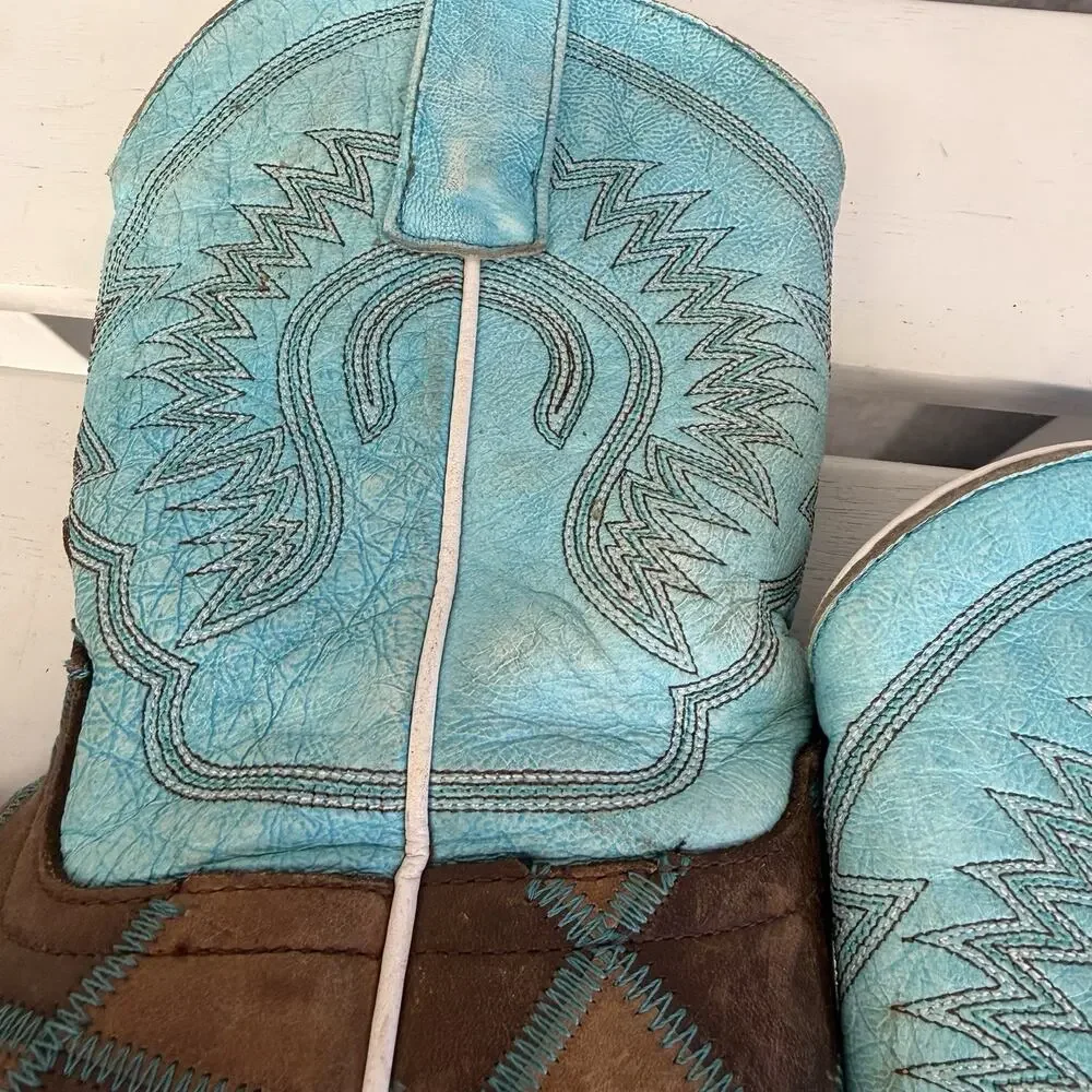 HP Western Boots Girls Size 1 Blue Brown Leather Embroidered Cowboy